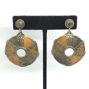 VINTAGE BEREBI EARRINGS HOOP ORANGE GRAY ENAMEL ETHNIC TRIBAL BOHO 80S 90S